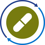 Green medicine capsule icon with circular arrows representing treatment cycles and ongoing therapy.