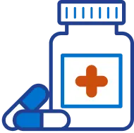 Medication bottle red icon with capsules representing prescription treatment.