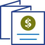 Icon of financial brochure with a dollar sign representing cost or payment information.
