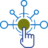 Hand selecting a green central network icon representing digital connectivity.