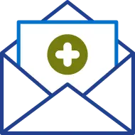 Medical message icon with envelope and green healthcare symbol.