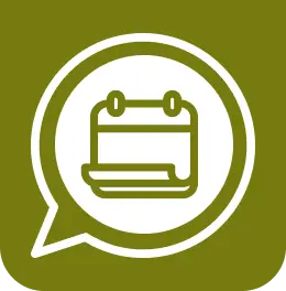 Calendar symbol inside of white thought bubble on green background.