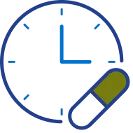 Analog clock with green perscription pill on bottom right.