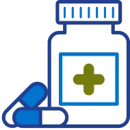 Medication bottle green icon with capsules representing prescription treatment.