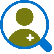 Magnifying glass icon highlighting a green user profile with a medical cross symbol.