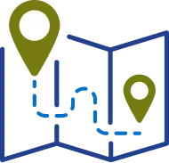 Map icon with green location pins representing directions and navigation.