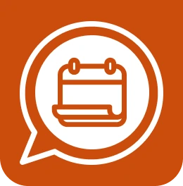 Calendar symbol inside of white thought bubble on red background.