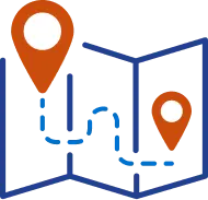 Map icon with red location pins representing directions and navigation.