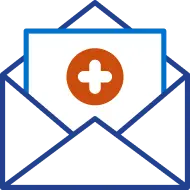 Medical message icon with envelope and red healthcare symbol.
